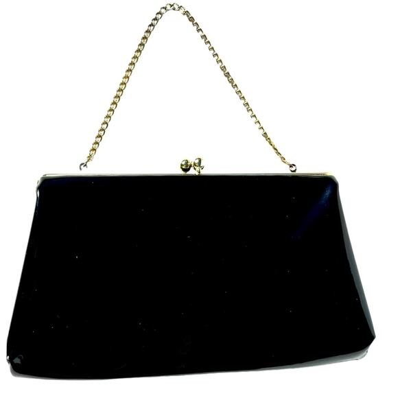 Black Patent Leather Kiss Lock Wrist Evening Bag - Picture 1 of 7
